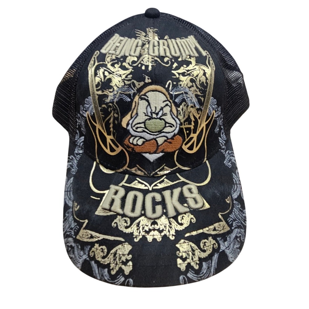 Disney Parks Grumpy Rocks Snow White Trucker Hat Black Gold Snapback Cap